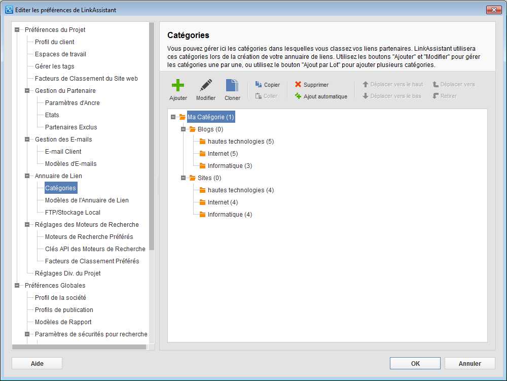 Catégories de LinkAssistant pour la page partenaires