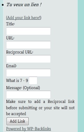 Formulaire de backlink pour wordpress plugin